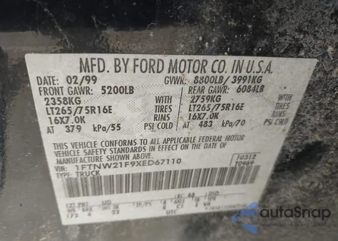 1999 Ford F-250 Lariat/Xl/Xlt из США, поврежденный, VIN 1FTNW21F9XED67110